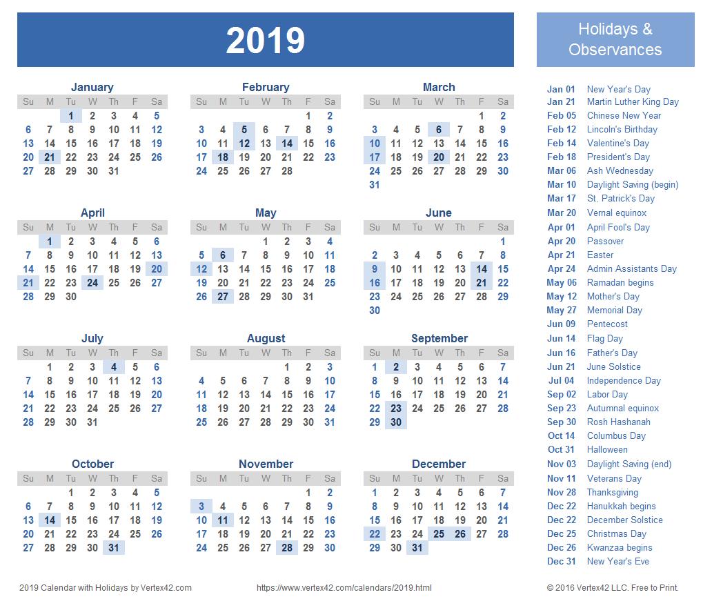 Printable calendar 2019 with us holidays list