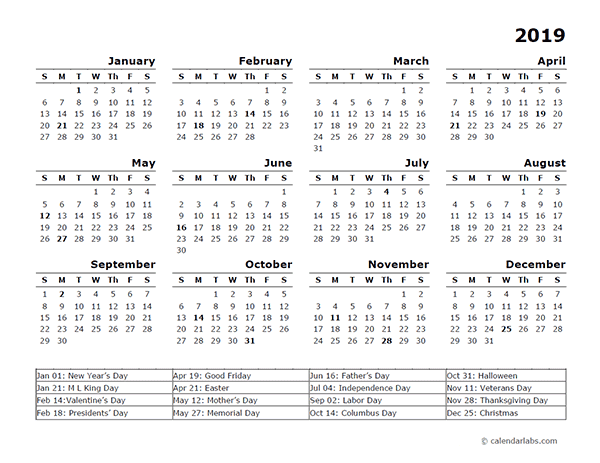 Printable calendar 2019 with us holidays list