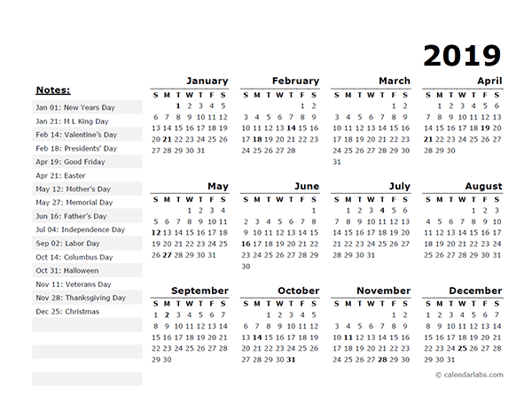 Printable calendar 2019 with us holidays list