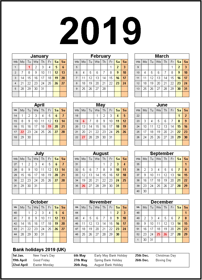 Printable calendar 2019 with us holidays list