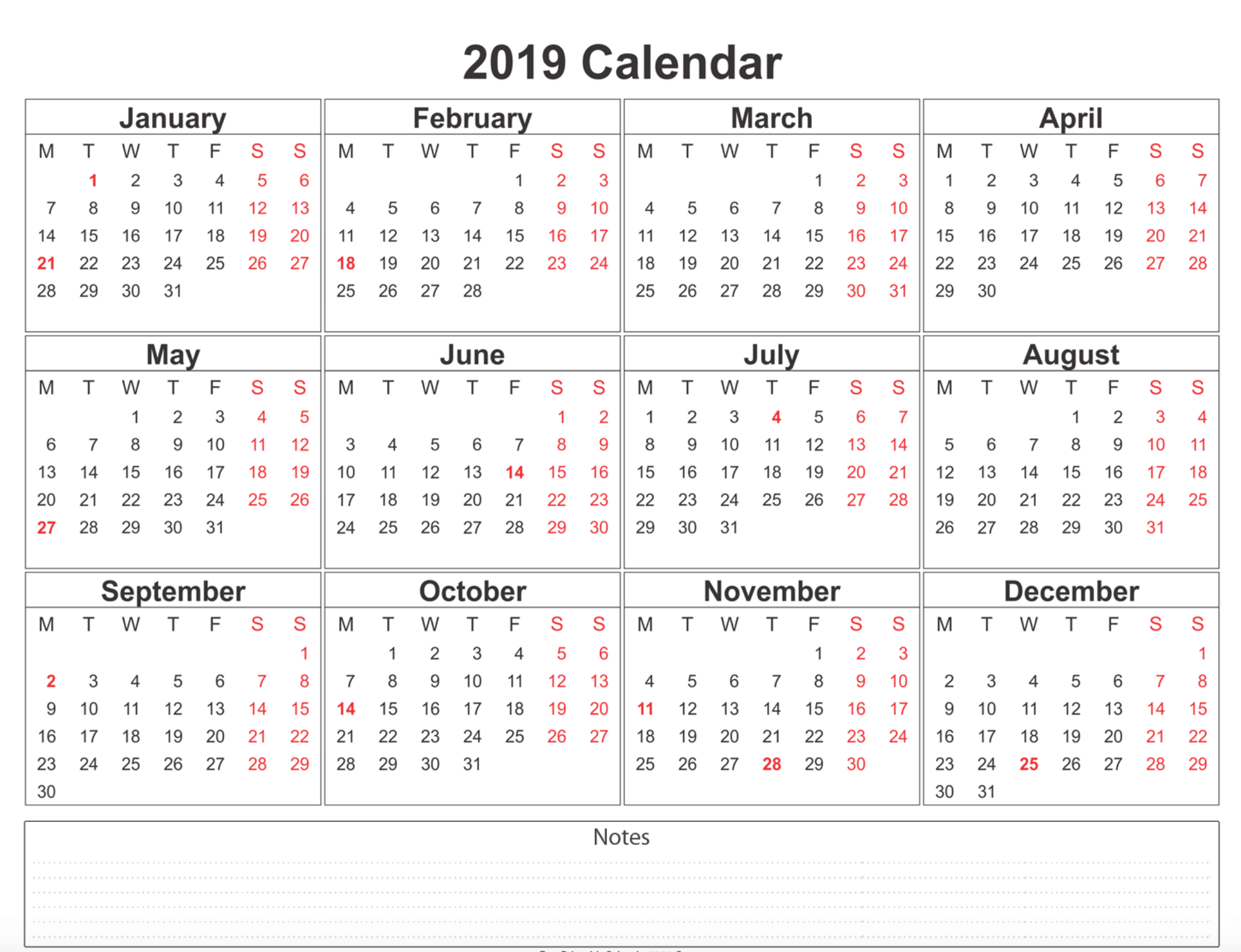 Printable calendar 2019 with us holidays list