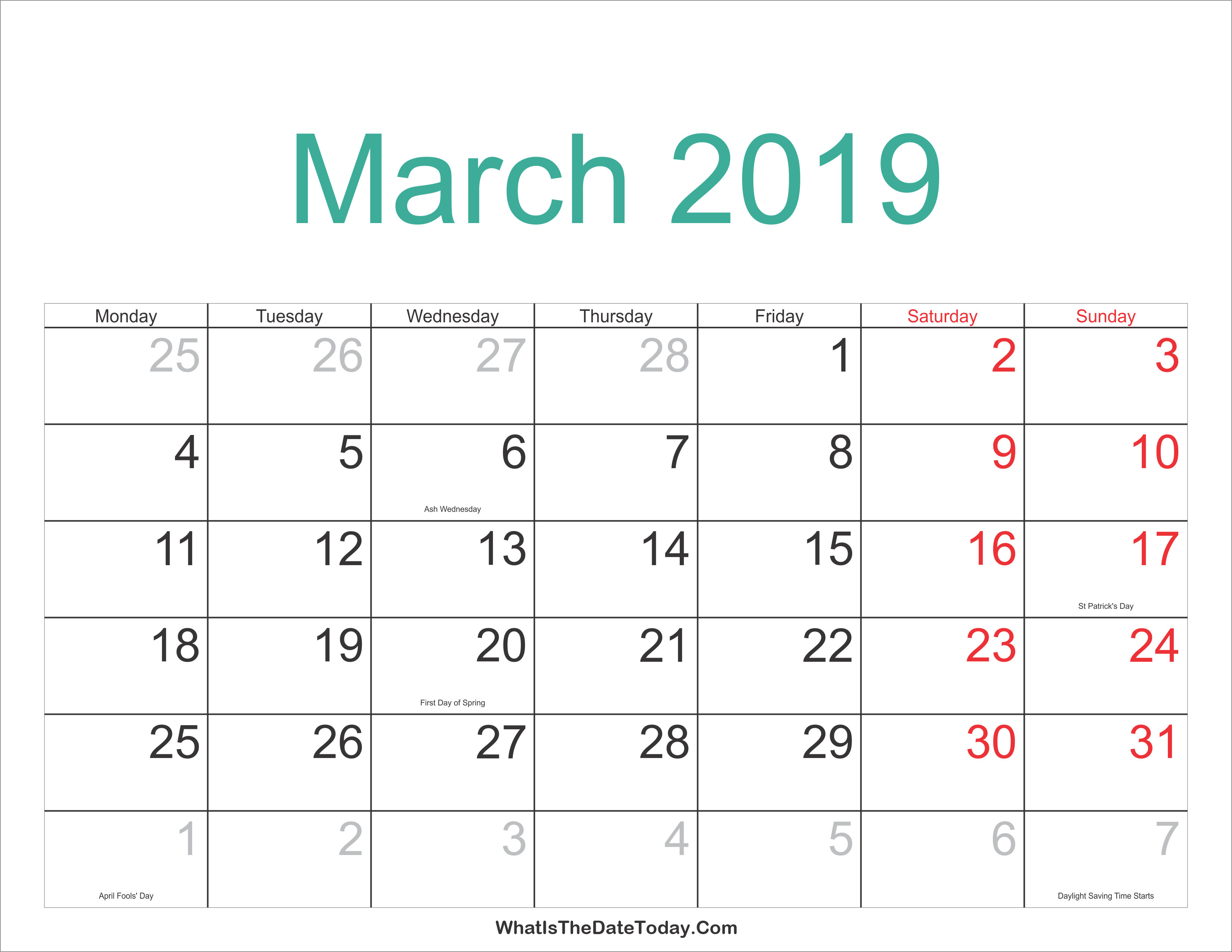 Printable calendar 2019 with us holidays list