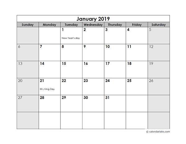 Printable calendar 2019 with us holidays list