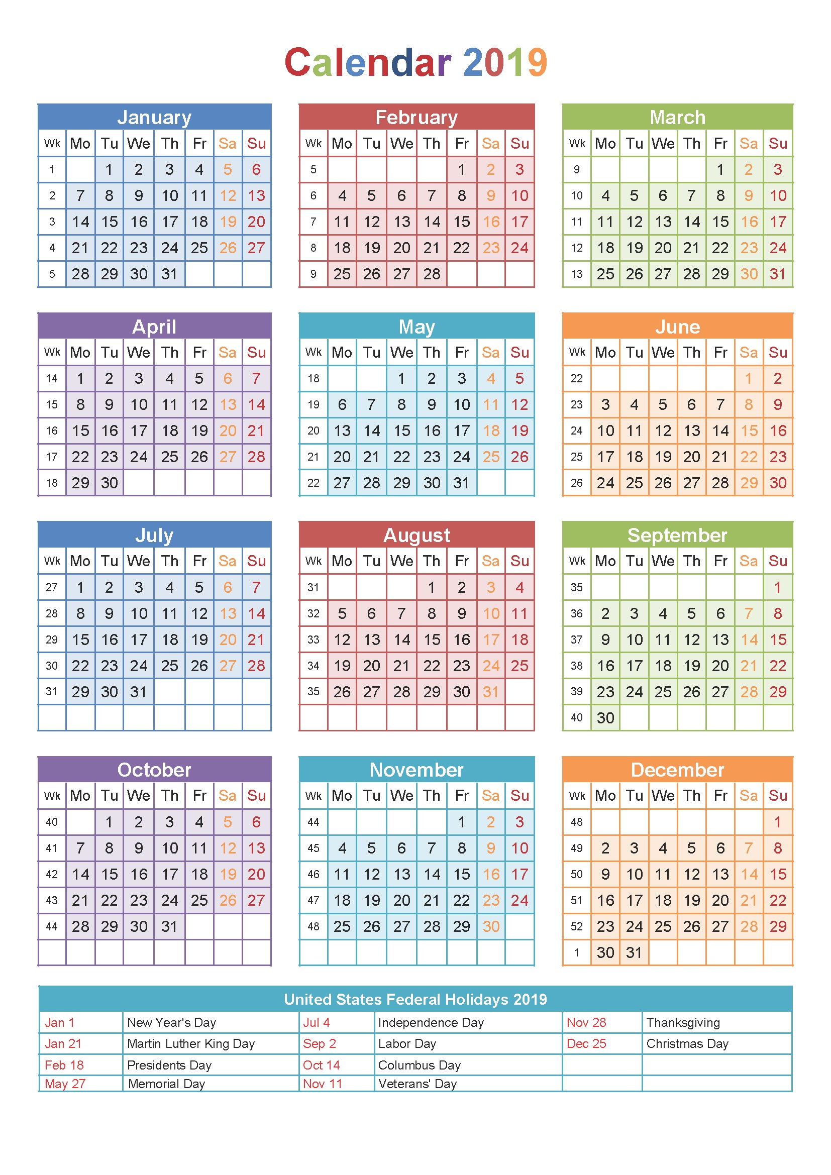 Printable 2019 Monthly Calendar With Us Holidays 2019 Printable Calendar Templates [Free]