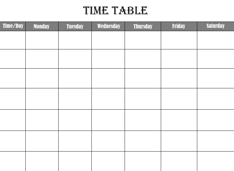 Blank School timetable template printable - This weekly schedule can be customised as per your use. Use blank space to fill classes time and subject names. You can use one of the rows to mention BREAK as well.