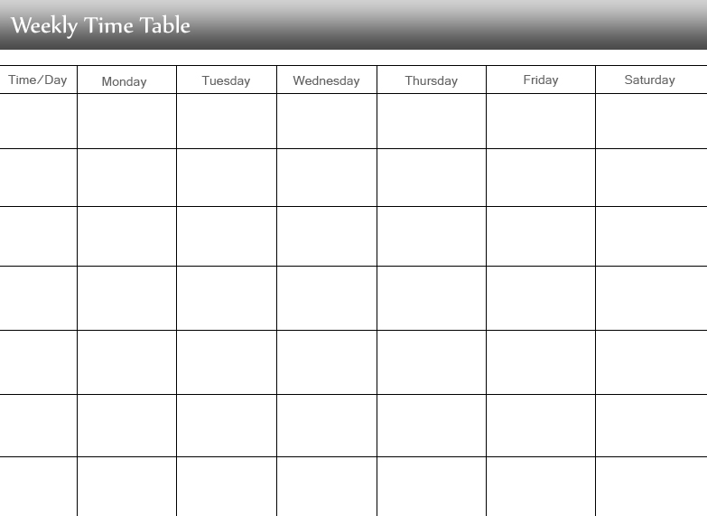 Blank School timetable template printable - This weekly schedule can be customised as per your use. Use blank space to fill classes time and subject names. You can use one of the rows to mention BREAK as well.