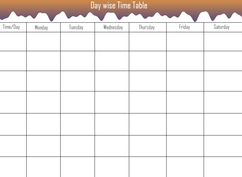 Blank School timetable template printable - This weekly schedule can be customised as per your use. Use blank space to fill classes time and subject names. You can use one of the rows to mention BREAK as well.