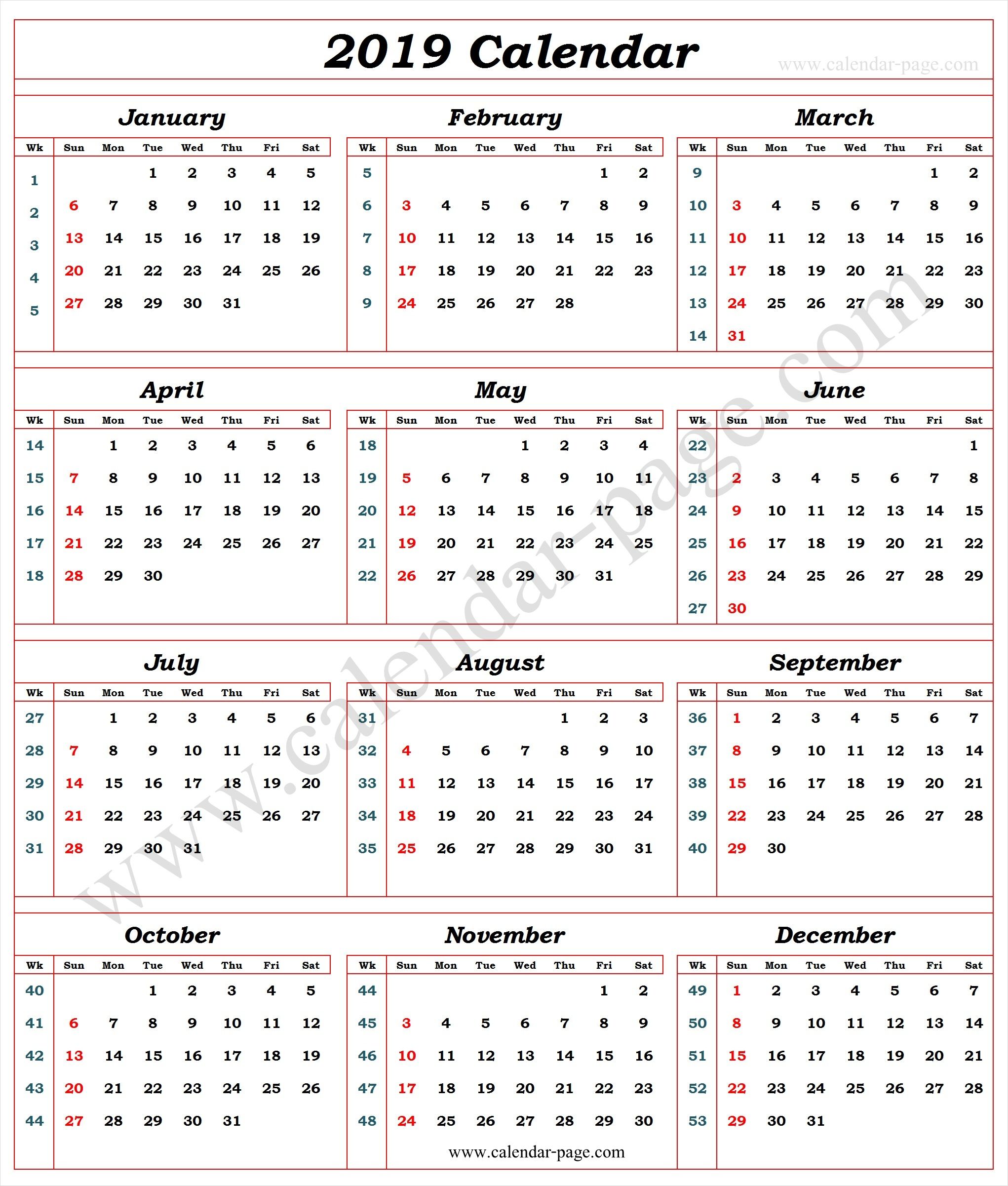2019 calendar with week numbers