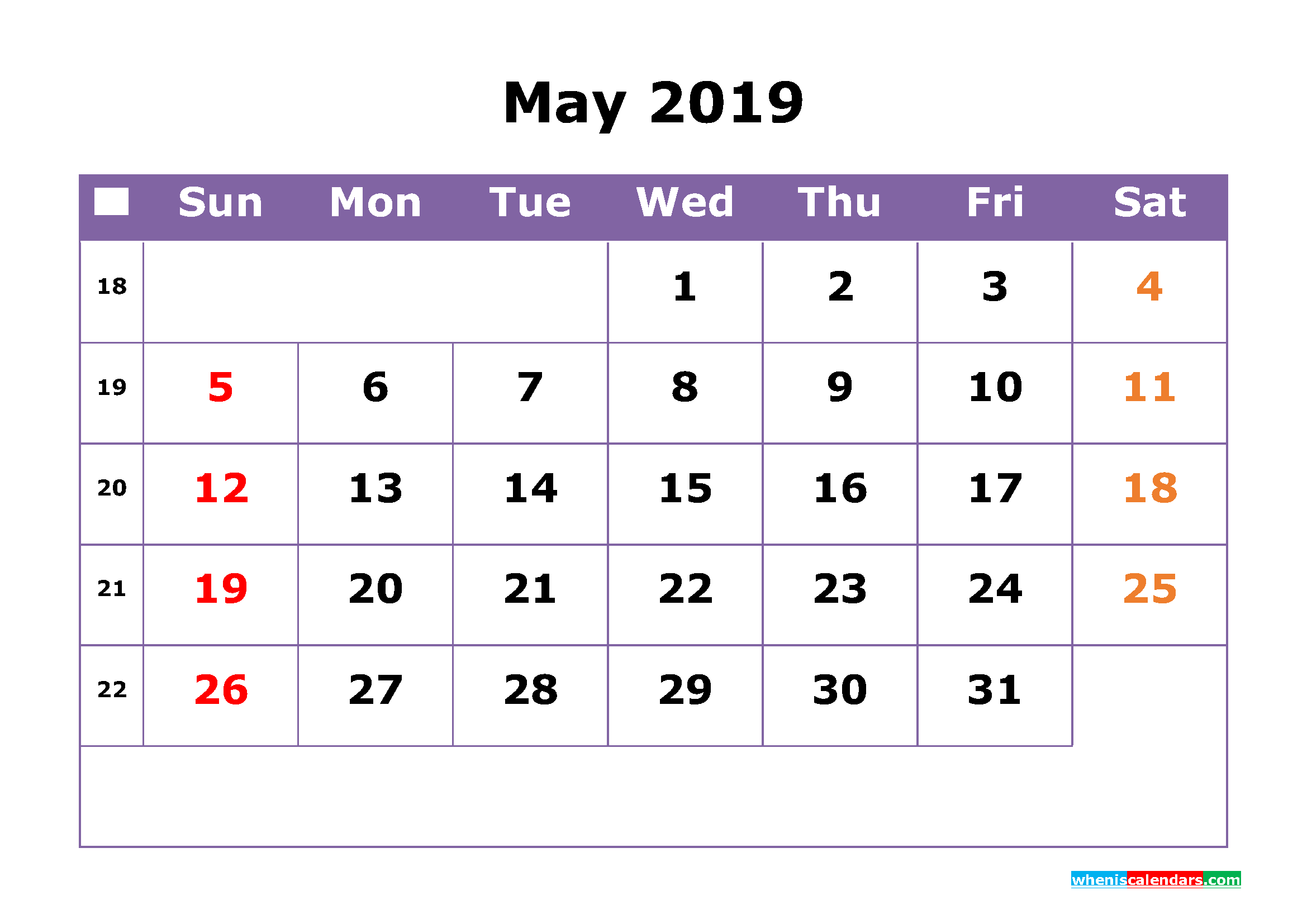 2019 calendar with week numbers