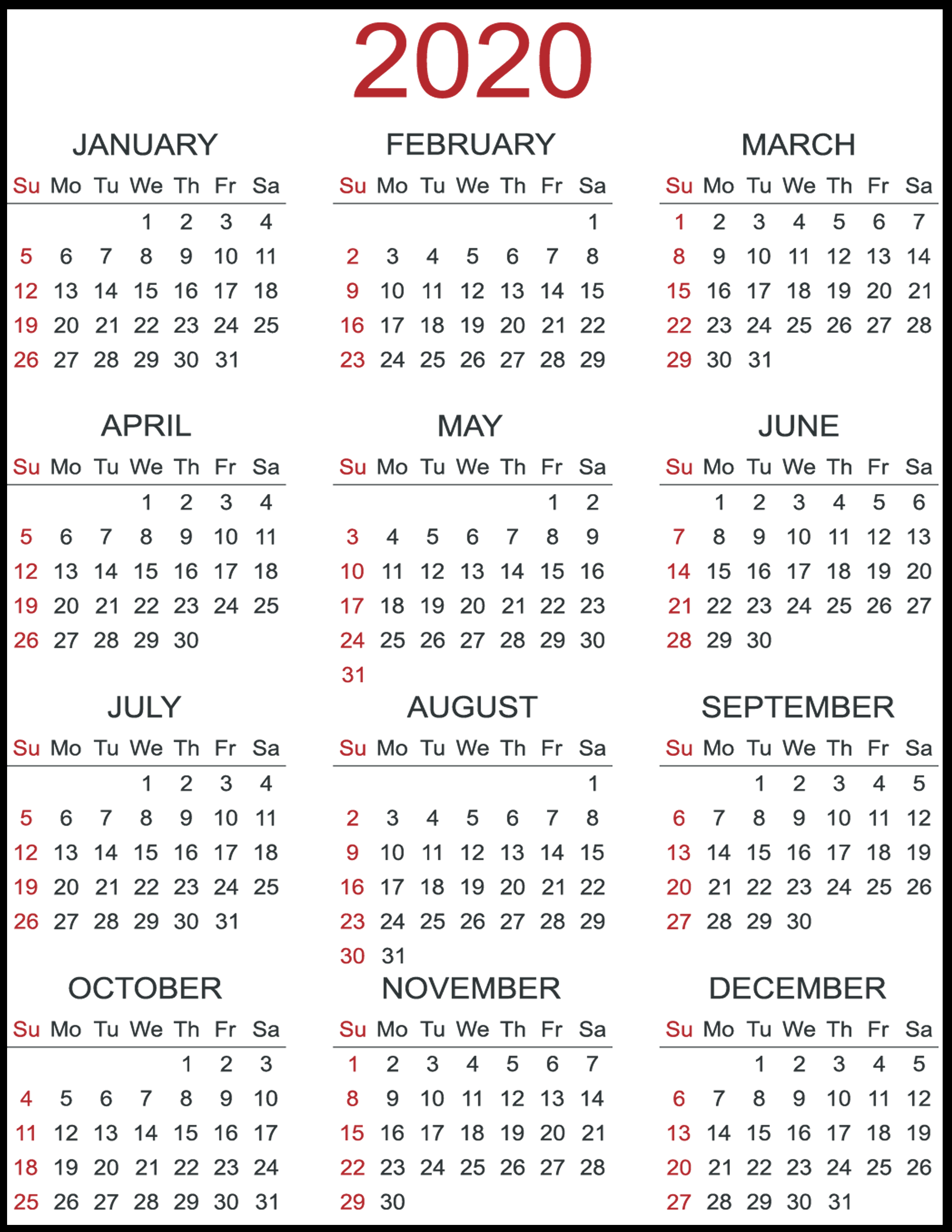 2020 calendar printable free