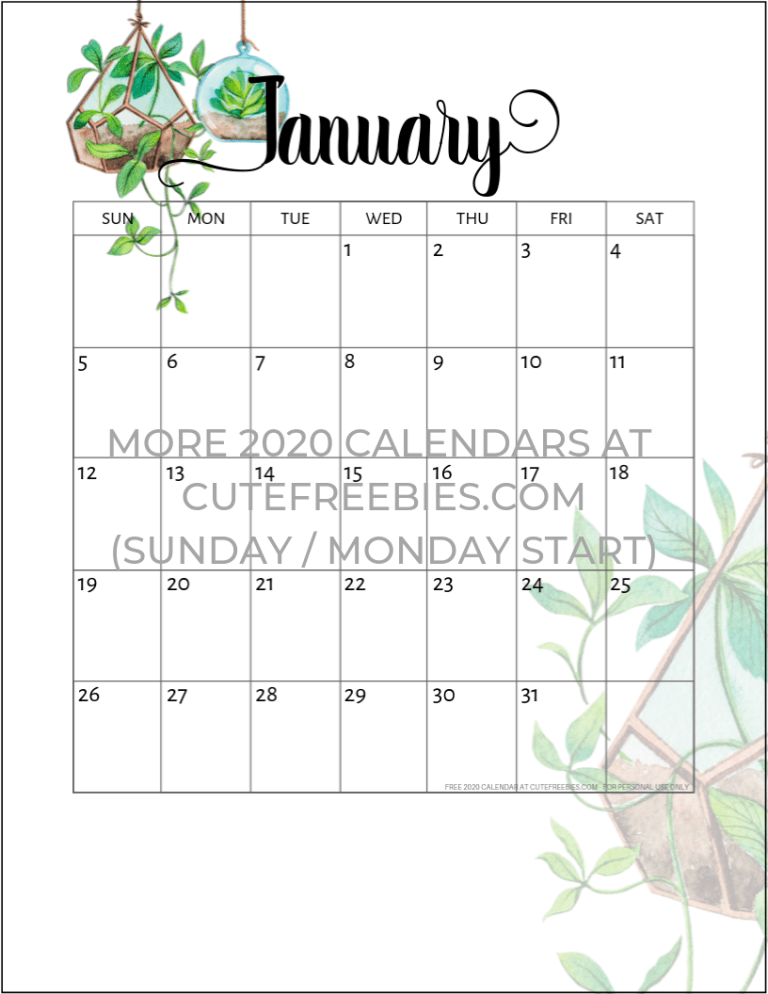 2020 calendar printable cute