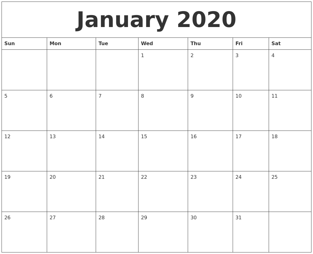 2020 calendar printable monthly