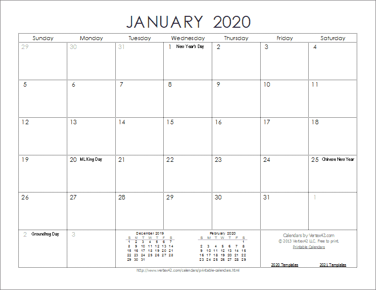 2020 calendar printable monthly