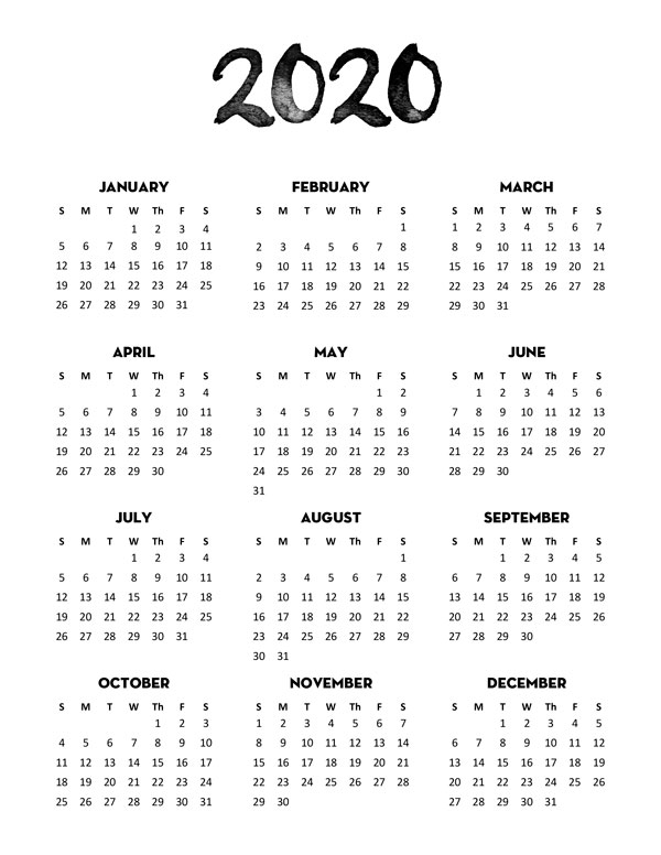 2020 calendar printable one page