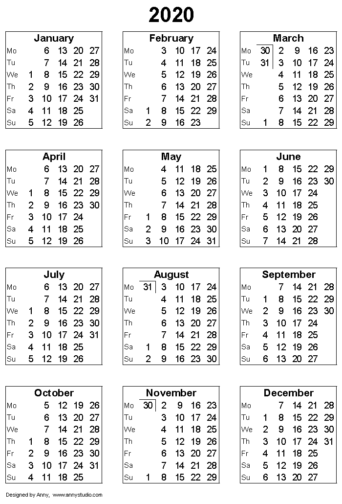 2020 calendar printable portrait