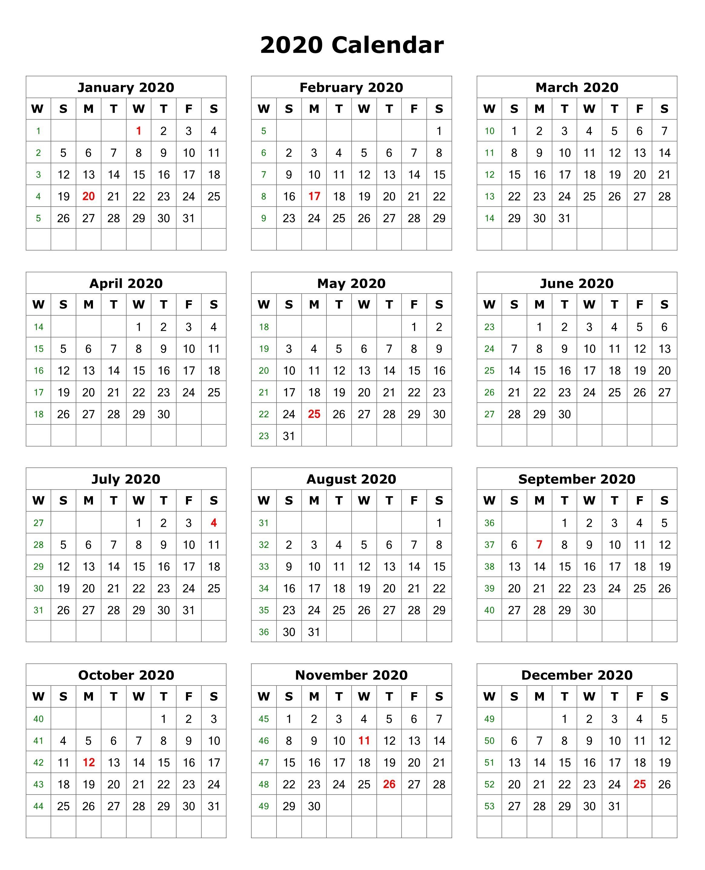 2020 calendar printable portrait