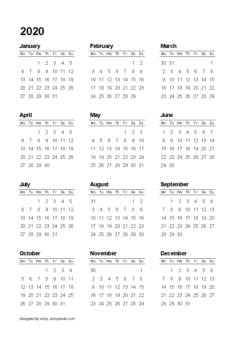 2020 calendar printable portrait