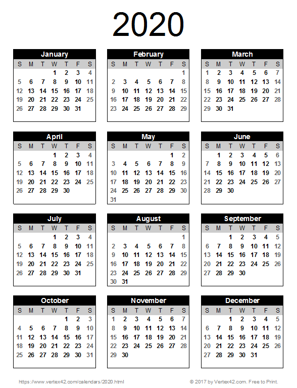 2020 calendar printable portrait