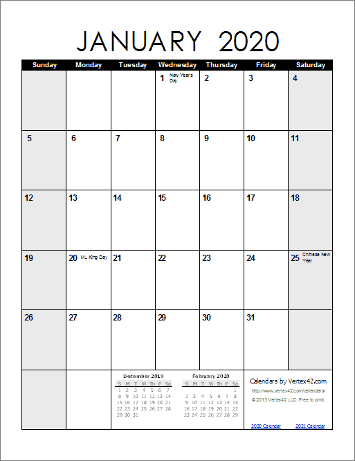 2020 calendar printable portrait