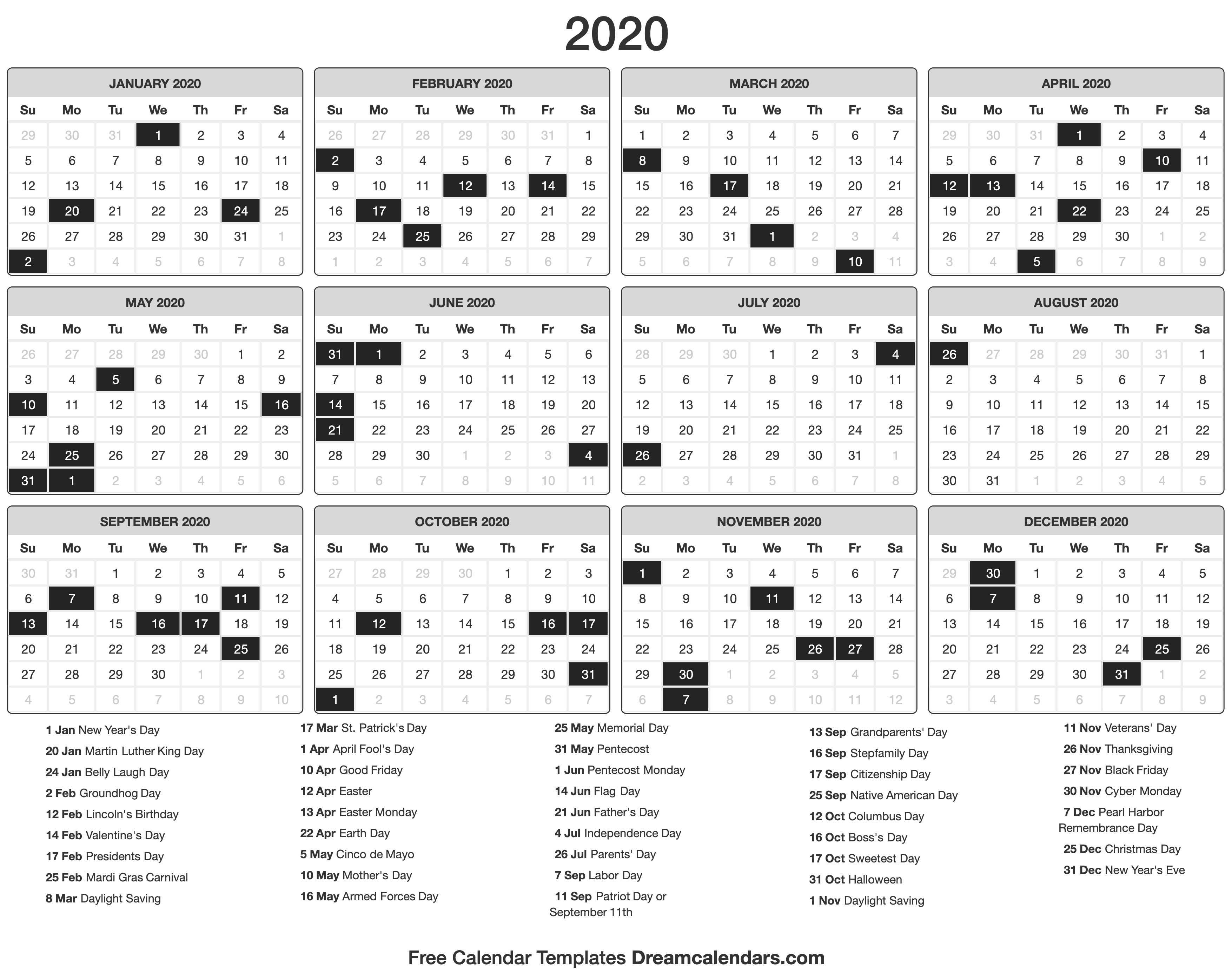 2020 calendar printable time and date