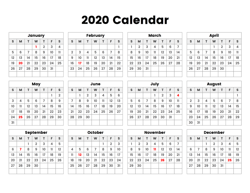 2020 calendar printable with holidays list