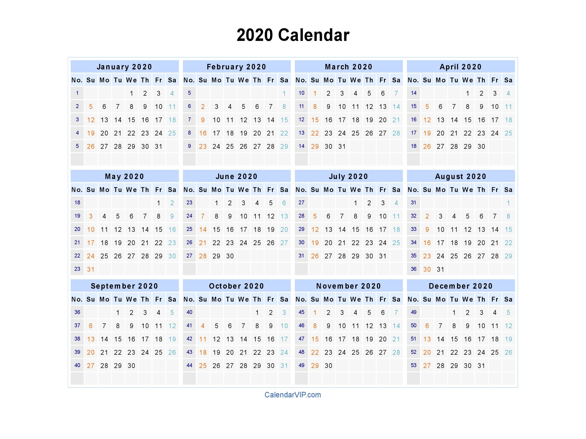 2020 calendar printable with week numbers