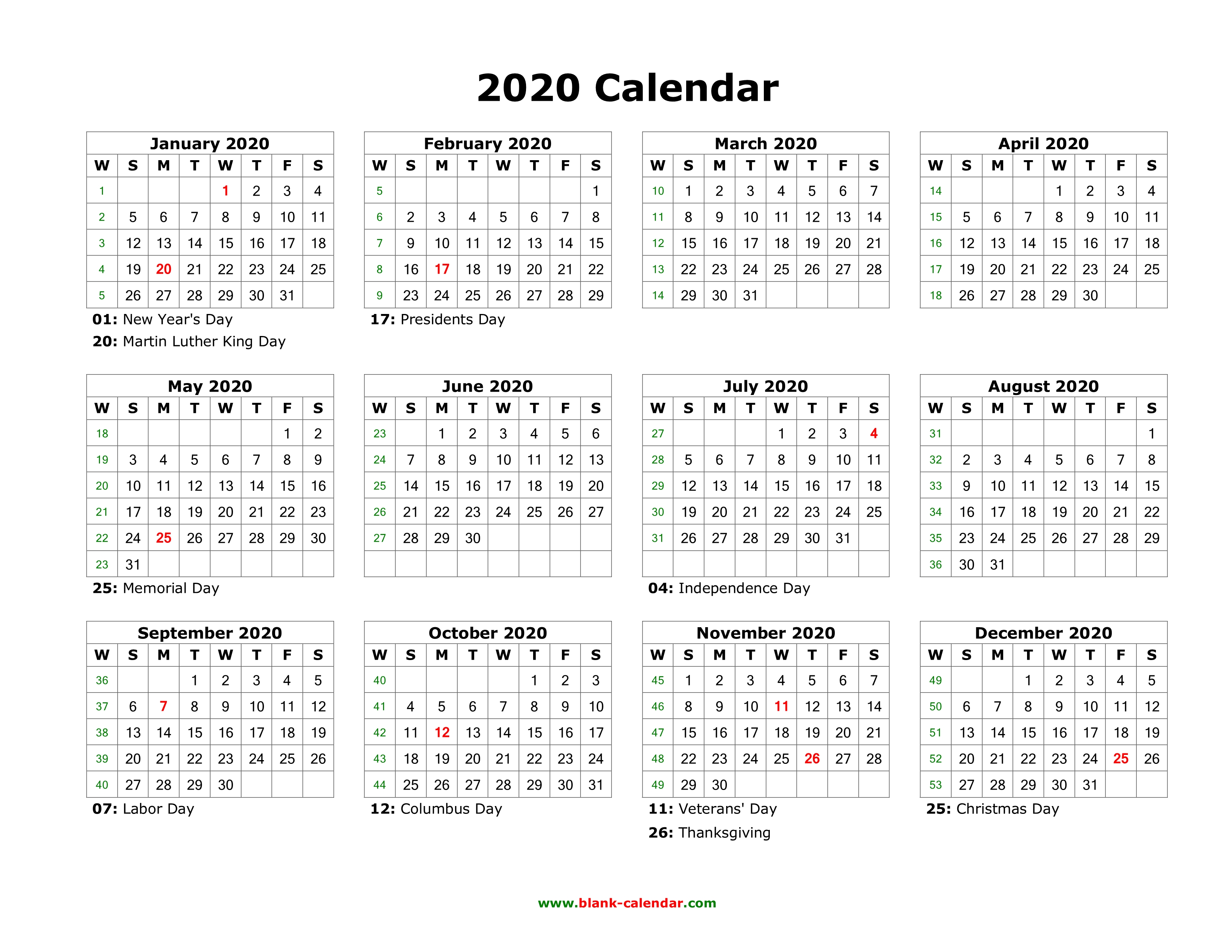 2020 calendar printable with week numbers