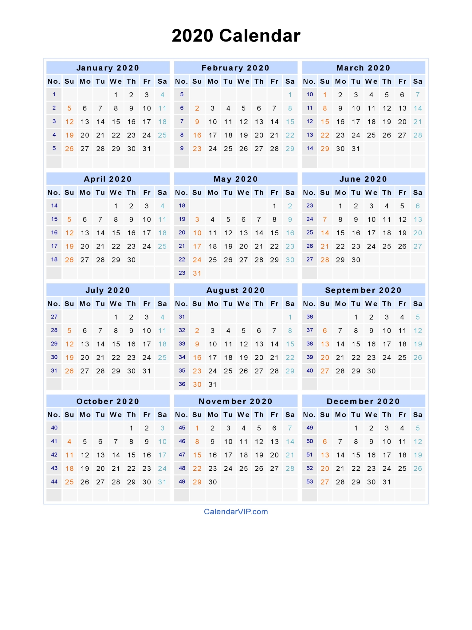 2020 calendar printable with week numbers