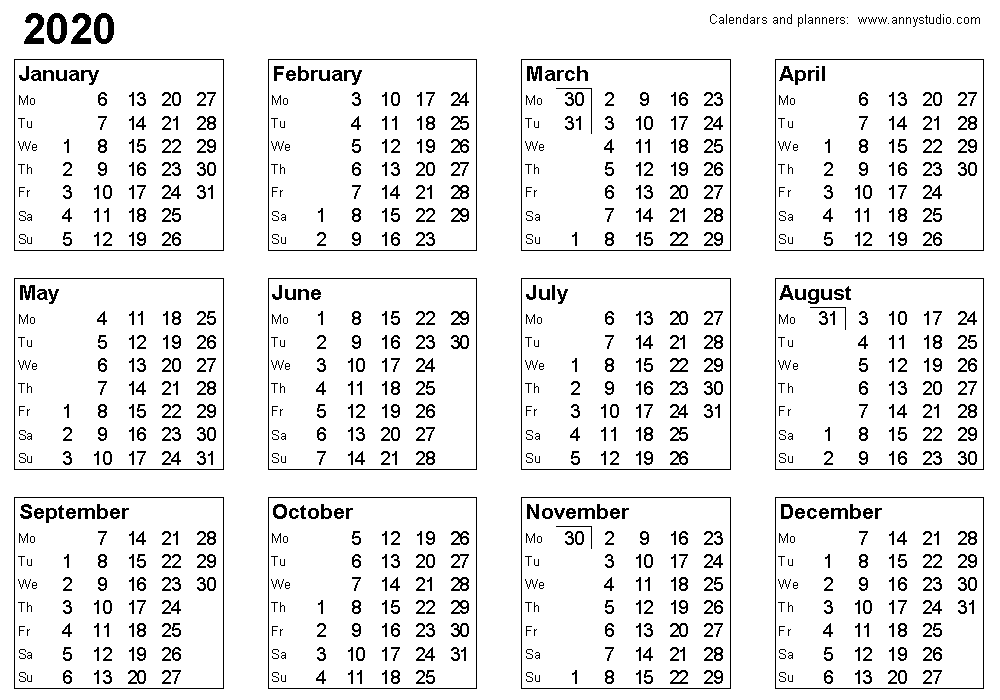 2020 calendar printable with week numbers