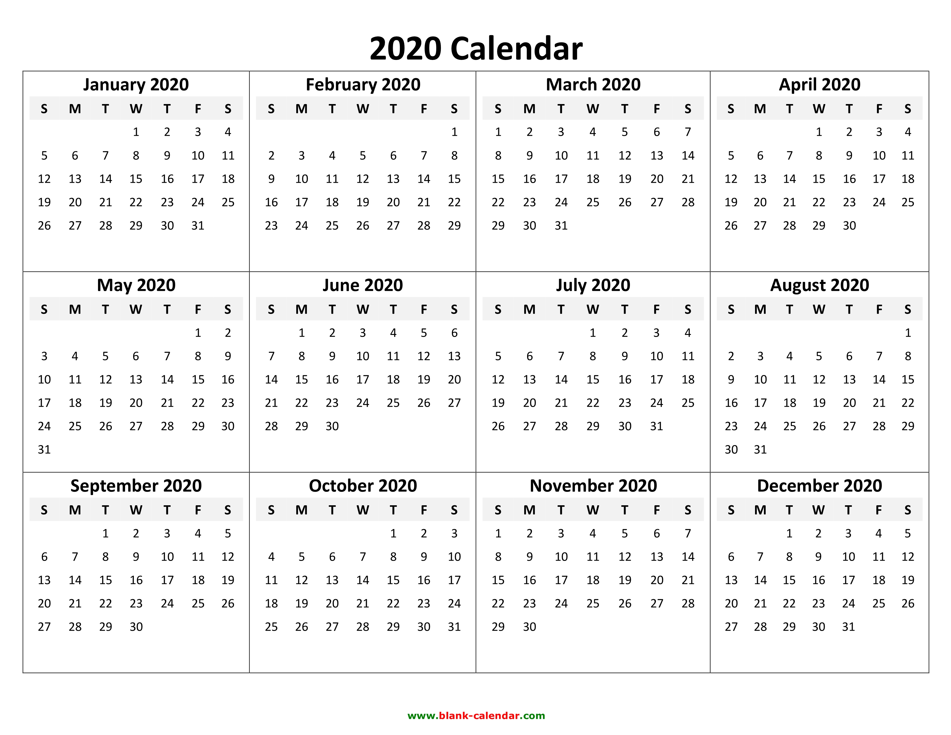 2020 printable annual calendar