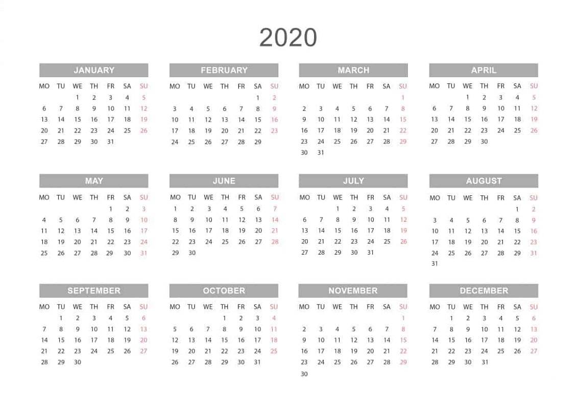 2020 printable annual calendar