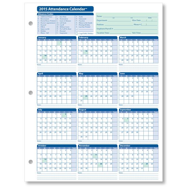 2020 printable attendance calendar