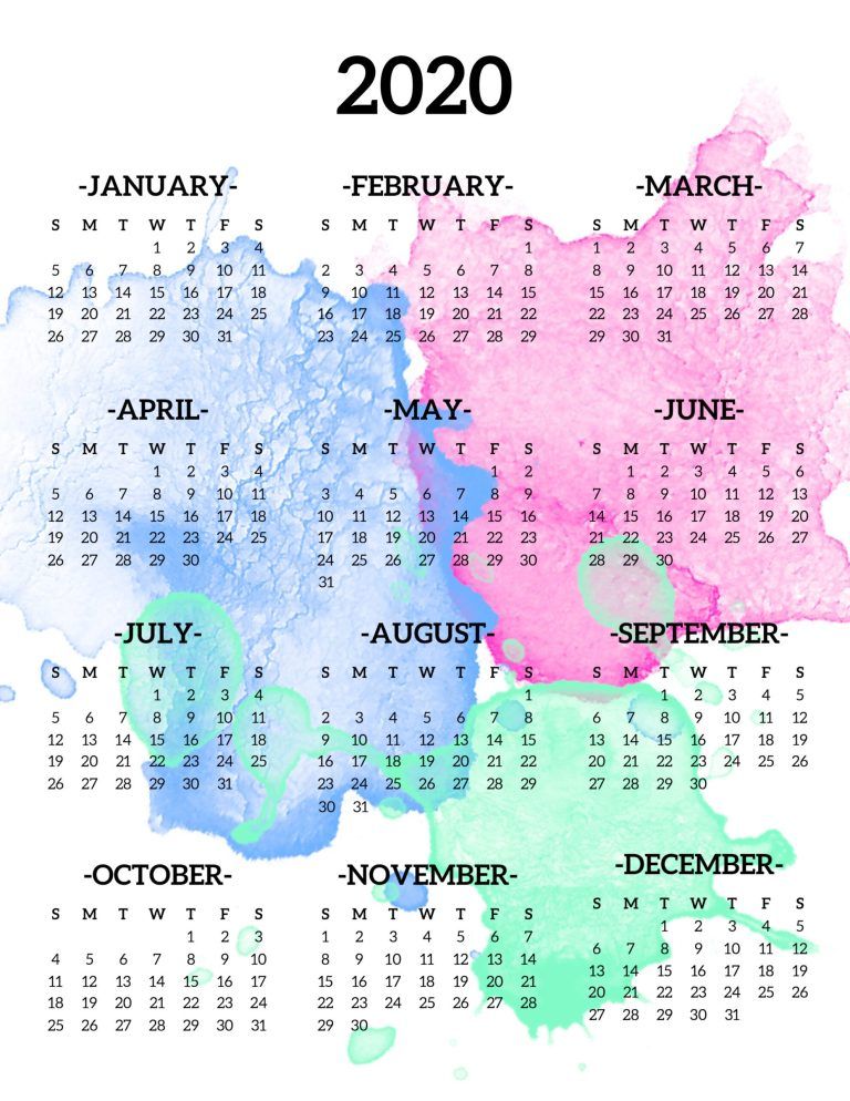 2020 printable calendar at a glance