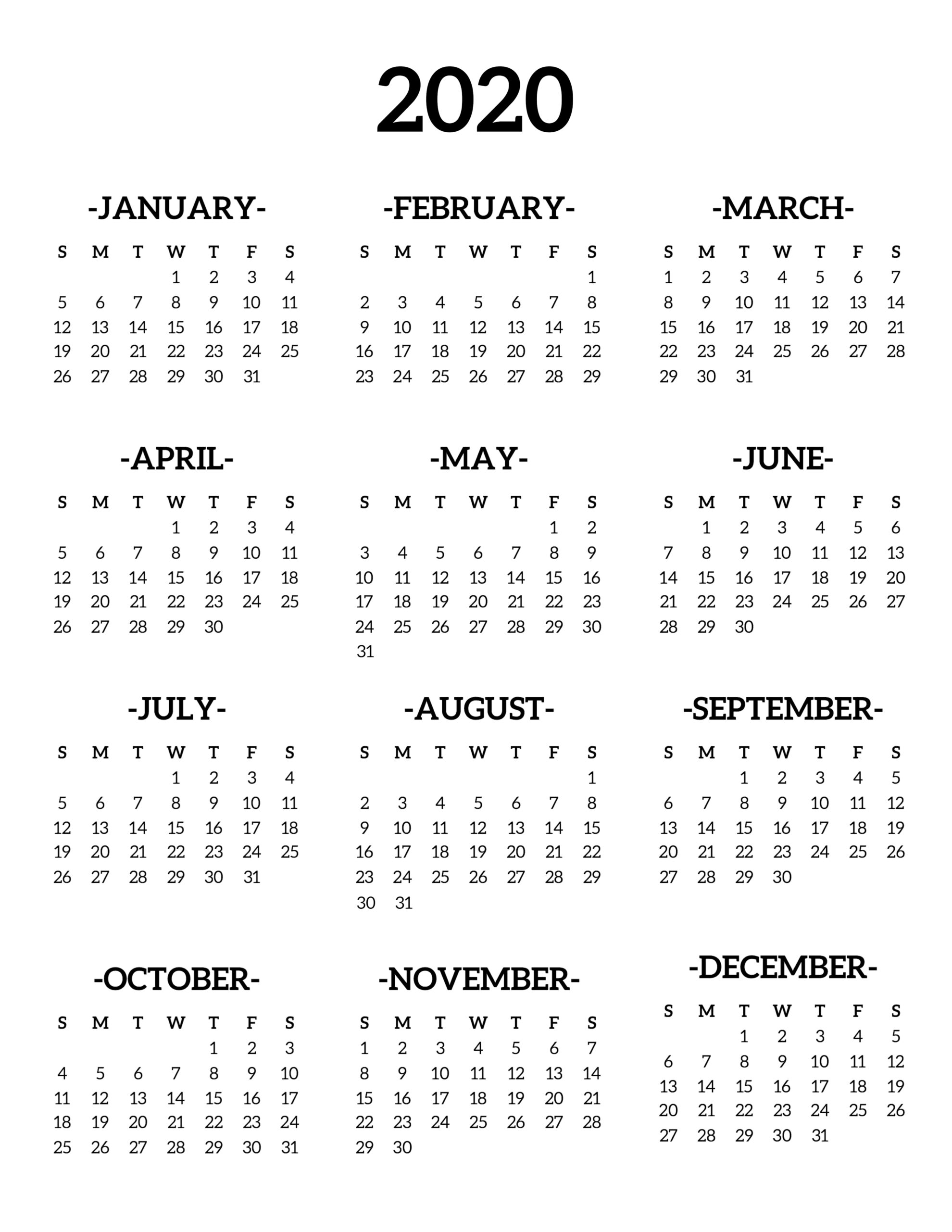 2020 printable calendar at a glance 