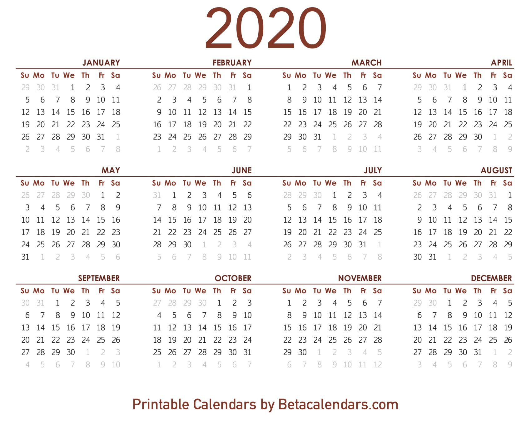 Download 2020 calendar printable free