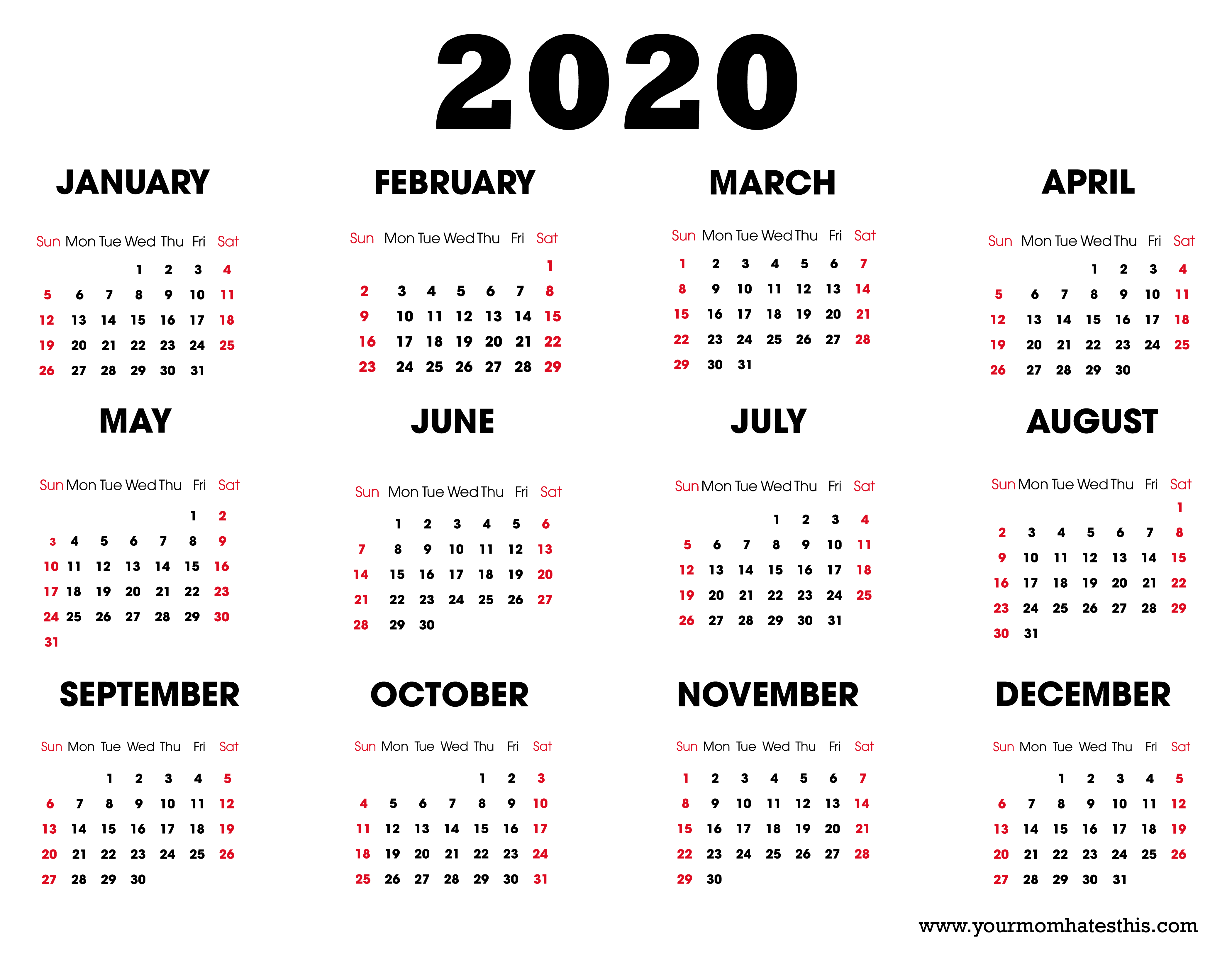 Download 2020 calendar printable free