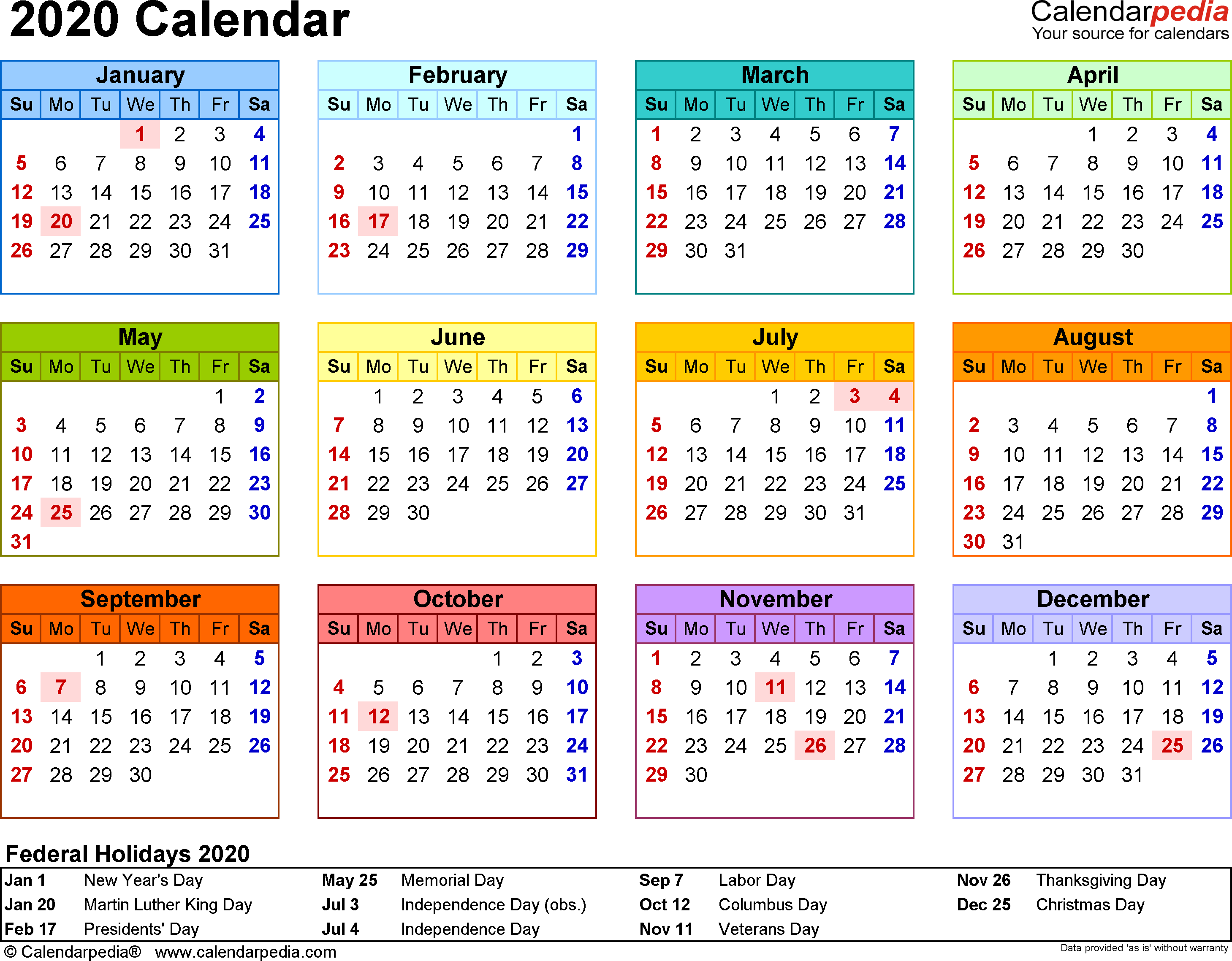 Download 2020 calendar printable free with holidays list