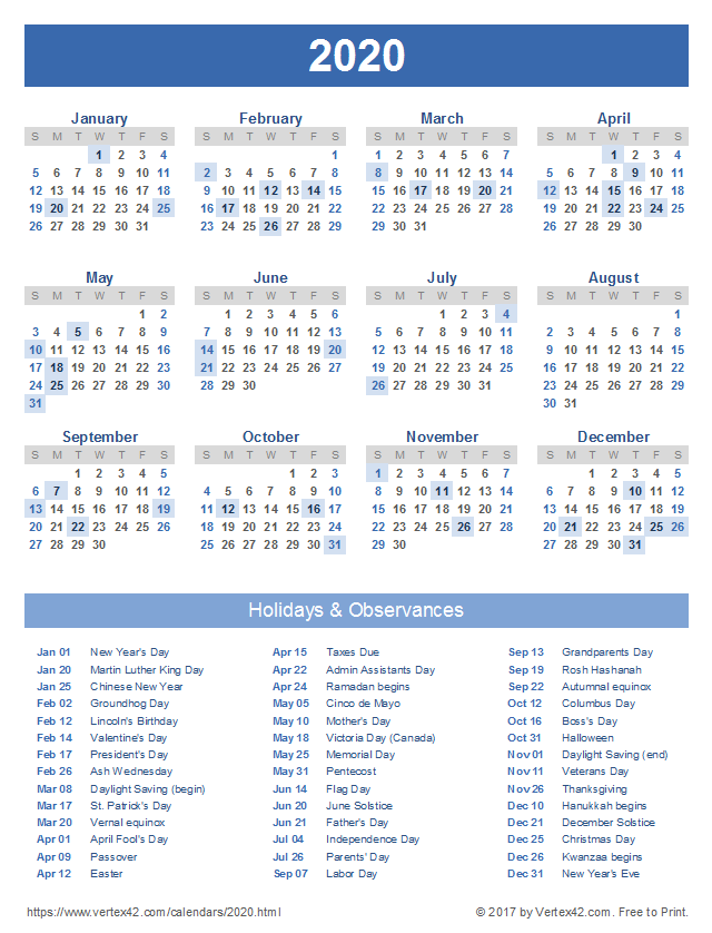 Download 2020 calendar printable with holidays list