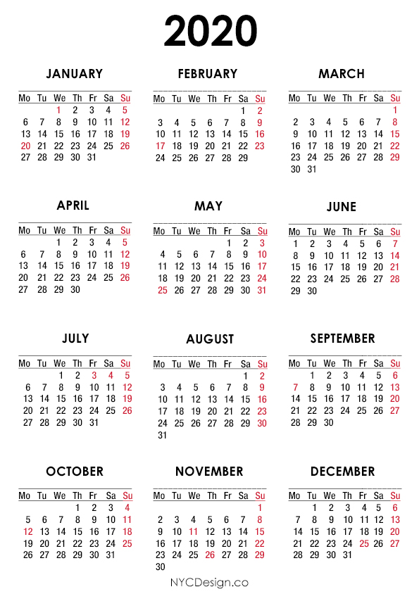 A4 Printable 2020 Calendar