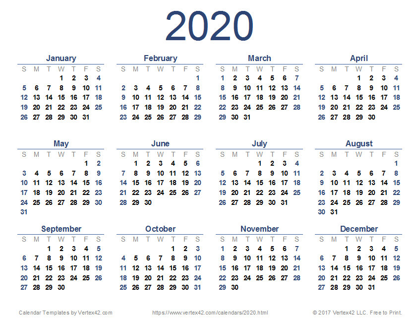 Printable 2020 calendar a4