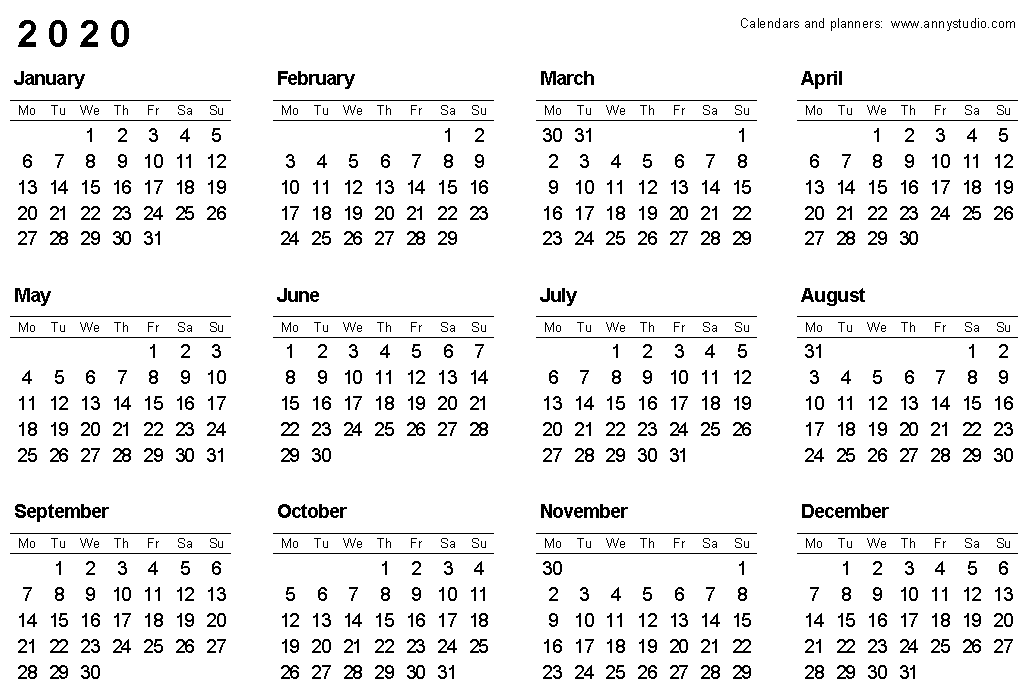 Printable 2020 calendar a4