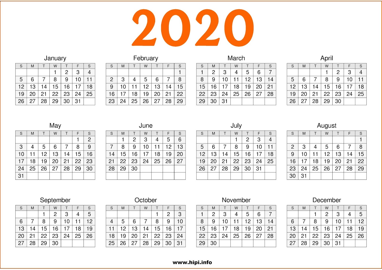 Printable 2020 calendar a4