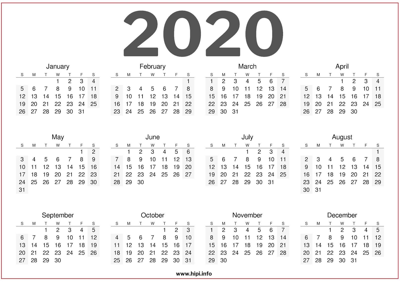 Printable 2020 calendar a4