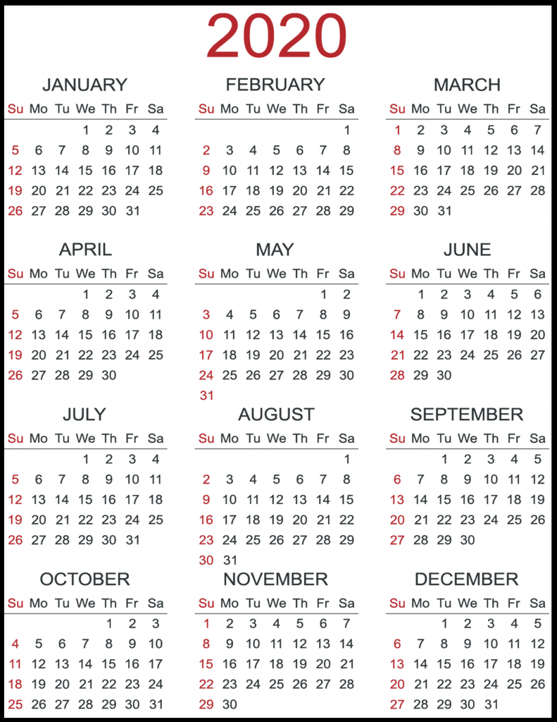 Printable 2020 calendar a4