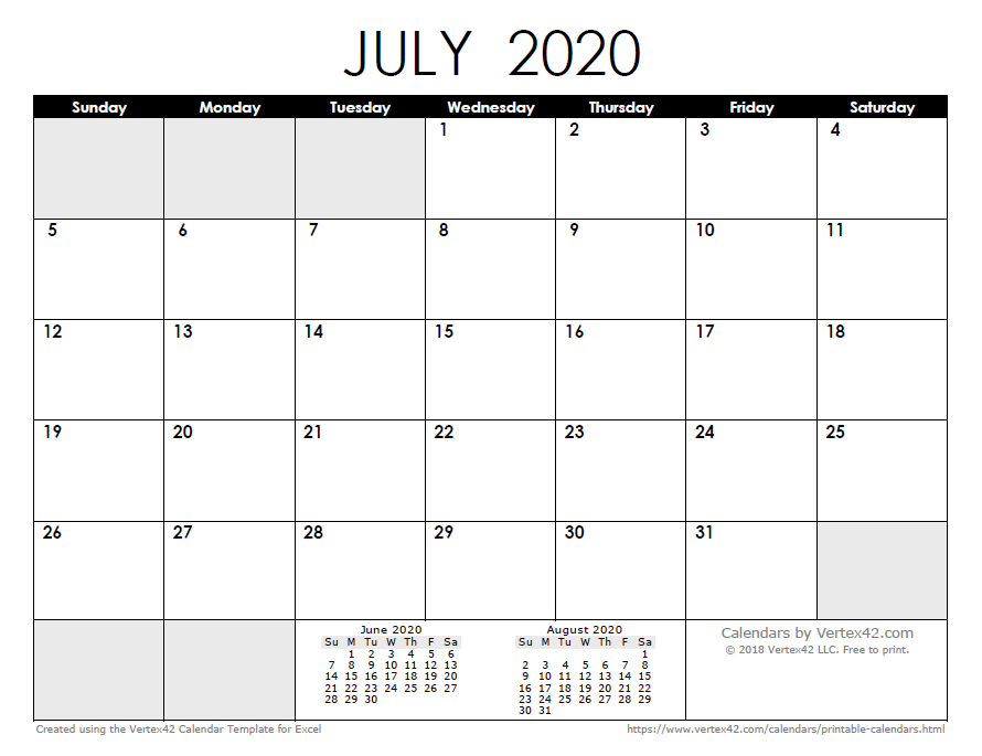 Printable 2020 calendar template