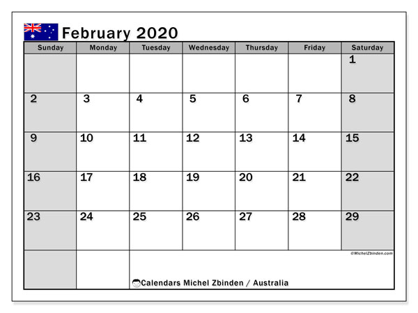 Printable calendar 2020 Australia