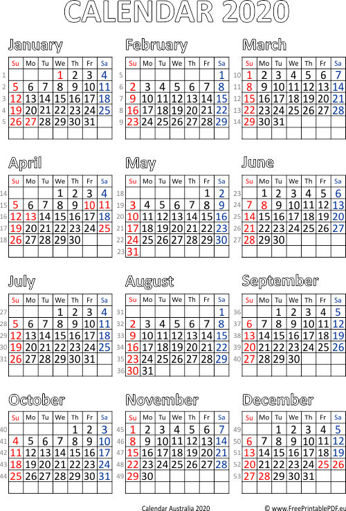 Printable calendar 2020 Australia