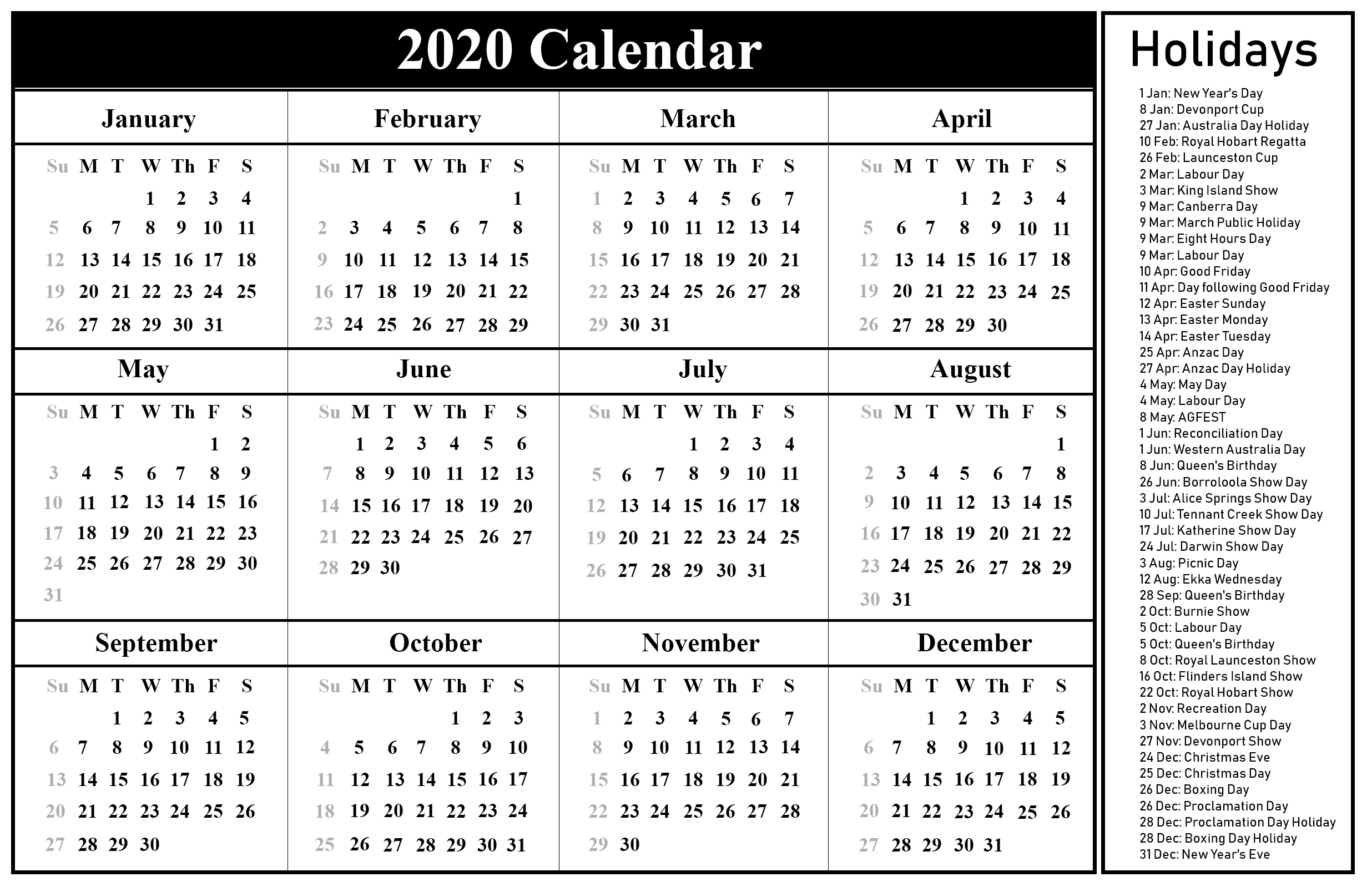Printable calendar 2020 Australia