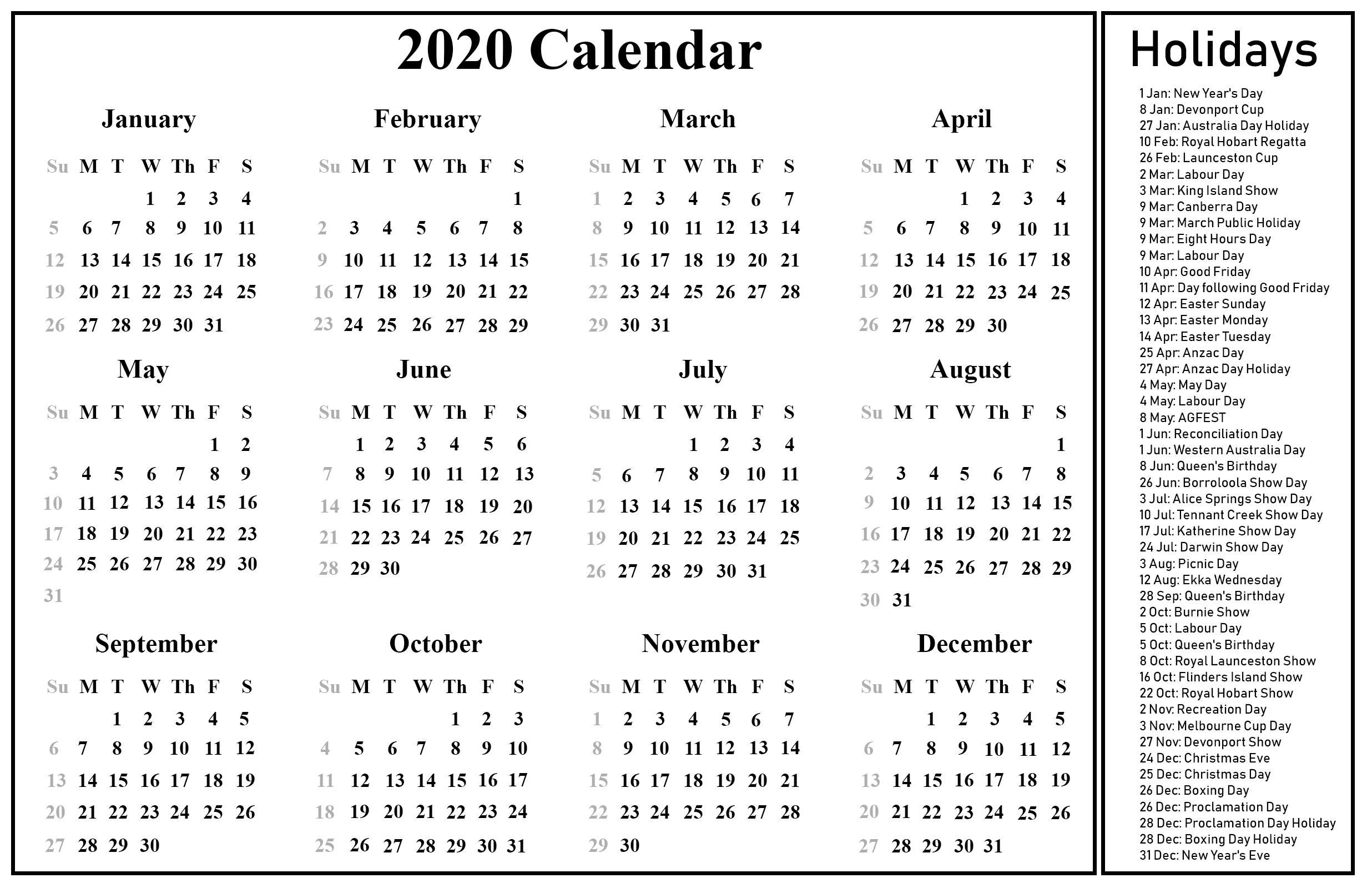 Printable calendar 2020 Australia