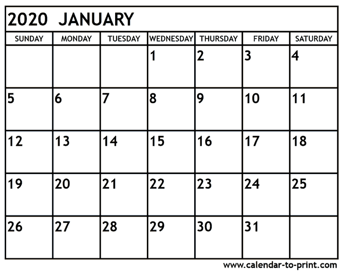 Printable calendar 2020 January